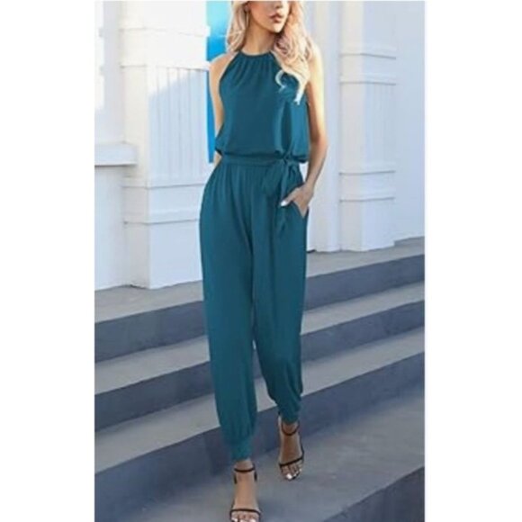 Womens Teal Sleeveless Jumpsuit Size Large With Waist Tie Casual Summer Chic - Picture 4 of 14